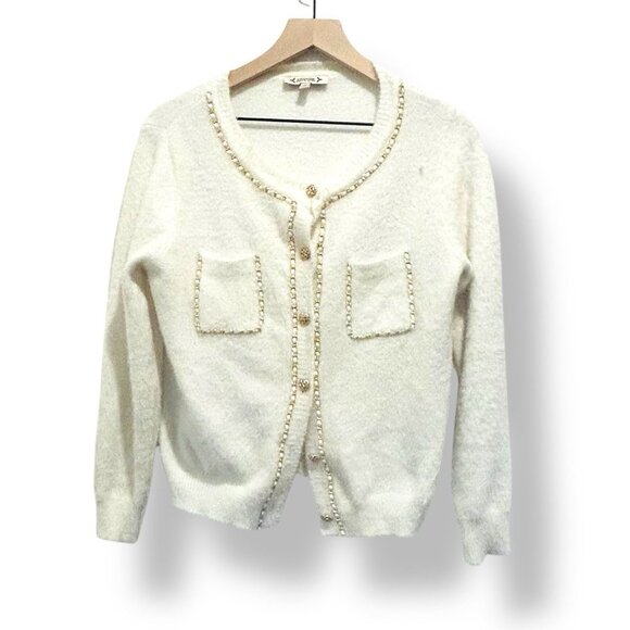 Nanette Lepore Chain Trim Eyelash Cardigan Sweater White Gold Buttons Sz Medium - Picture 1 of 12
